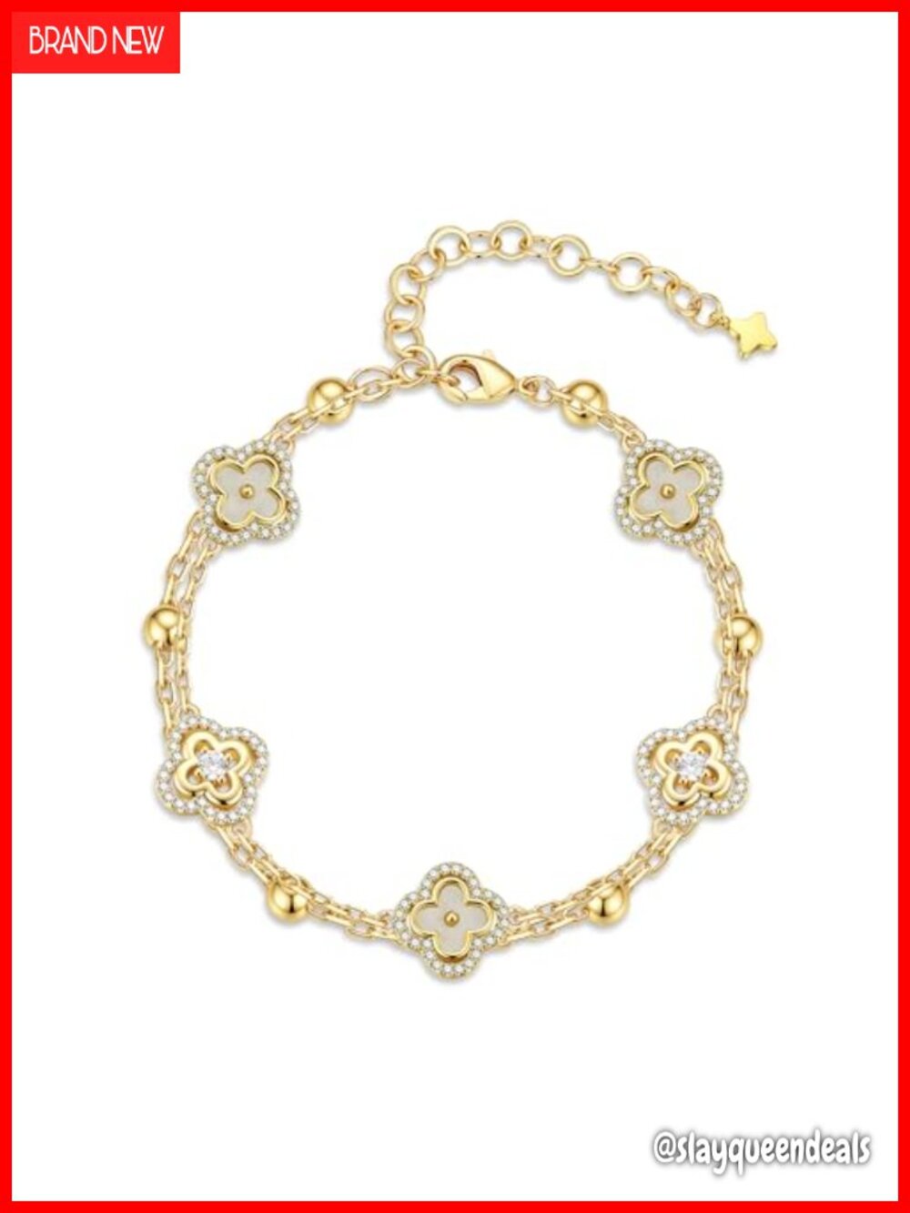 14K Gold Plated CZ Four Leaf Clover Charm Bracelet Link Bracelet